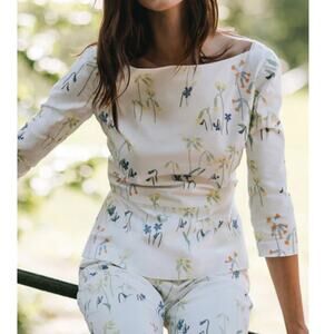 Isoude Floral Bateau Neck Peplum Top Cowslip Print EUC